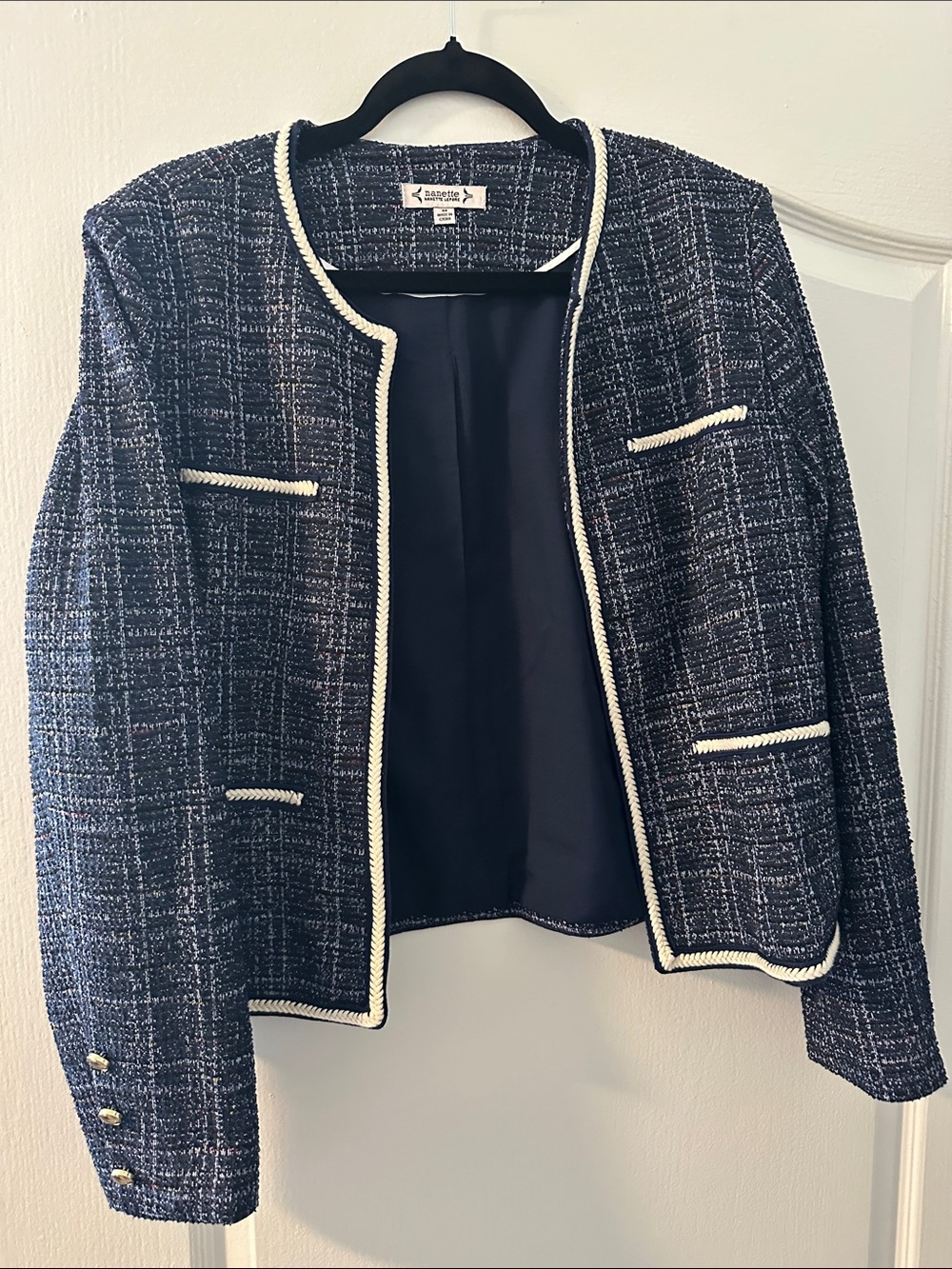 Nannette Navy Tweed Jacket with White Trim